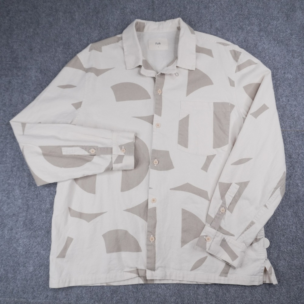 Folk Button Down Shirt Mens 4 Cream Tan Abstract Geometric Long Slve 100% Cotton